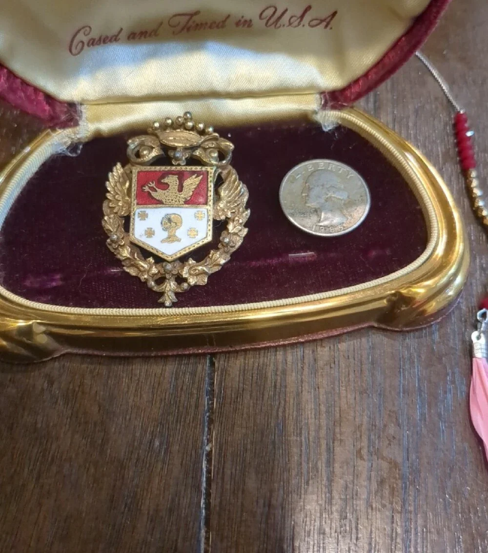 Vintage Coro Coat Of Arms Gold Crest Heraldic Brooch with Red and White Enamel